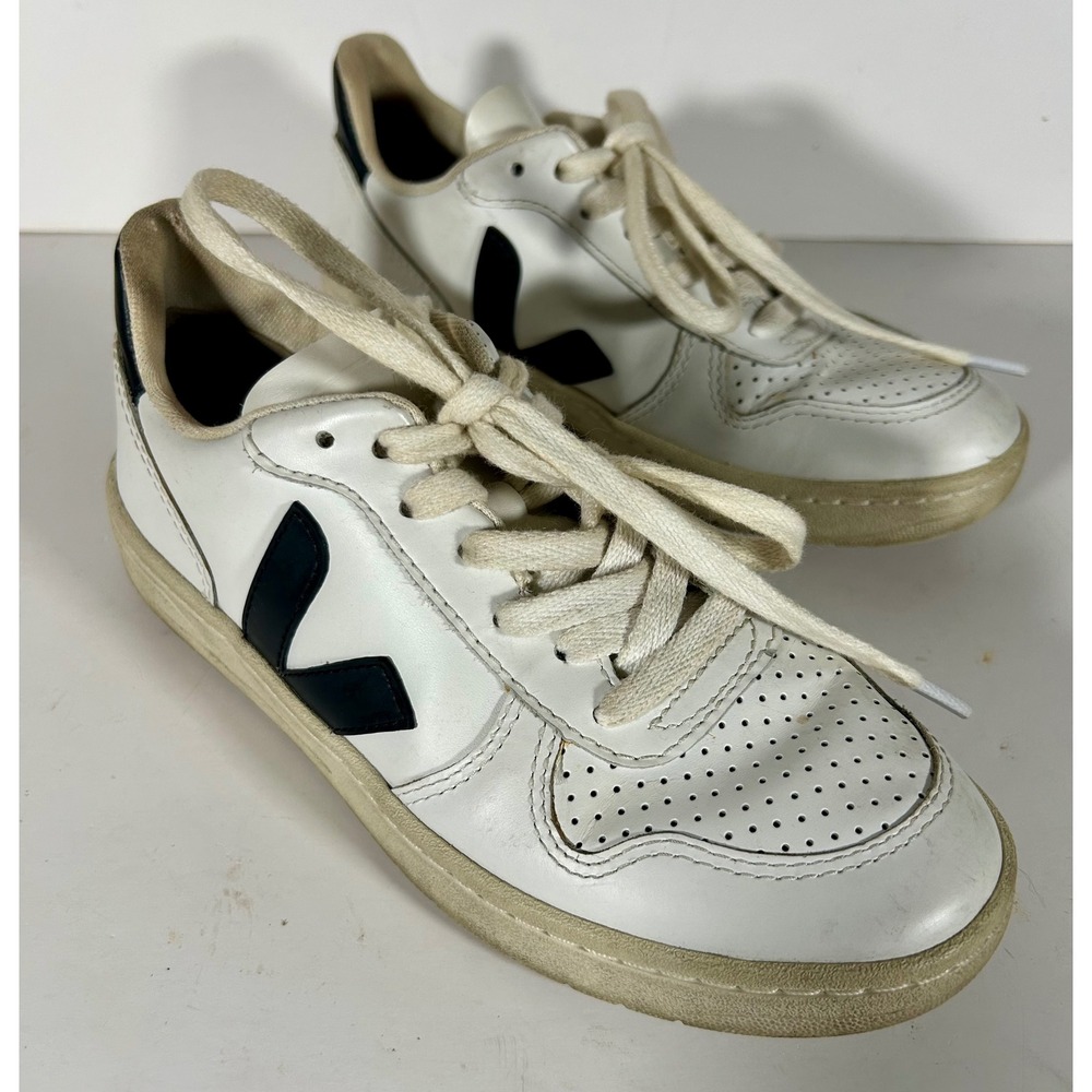 Veja V-10 White Black Leather Low Top Sneakers Womens Size 4 EUR 35